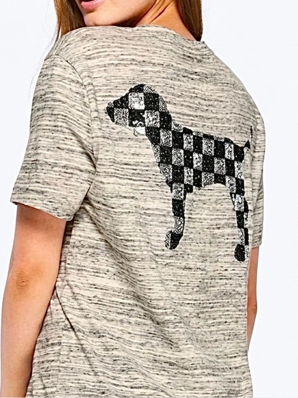 LIKE NEW • VS PINK Checkered Sequin Dog Logo Graphic Oversized Tee •
